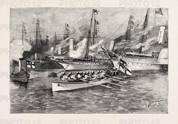 THE MEETING OF THE EMPERORS OF RUSSIA AND GERMANY AT KIEL: In the afternoon the Czar and the Emperor, the Czarevitch, and Prince Henry of Prussia visited the German flagship 'Baden', and afterwards went in a launch to inspect the works of the North Sea and Baltic Canal at Holtenau., 1892 engraving