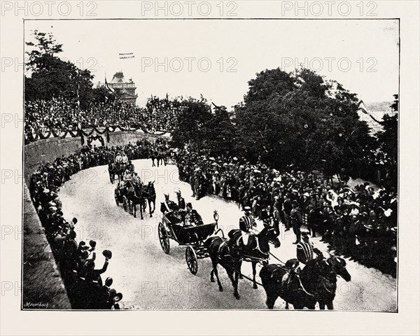 THE FESTIVITIES IN HUNGARY: HIS MAJESTY AND COUNT SZAPARY THE PRIME MINISTER, IN THE STATE COACH, ON THEIR WAY TO THE PALACE, 1892 engraving