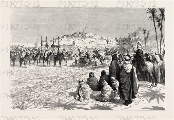 THE FRENCH IN ALGERIA: AN ARAB FANTASIA AT GARDAIA IN HONOUR OF THE GOVERNOR OF ALGIERS, 1892 engraving