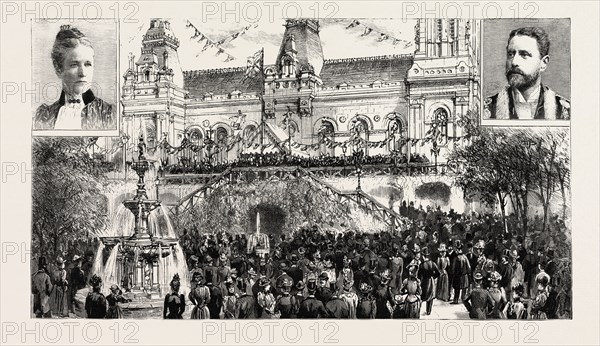 THE CELEBRATION OF SOUTHPORT'S HUNDREDTH BIRTHDAY: THE EARL OF LATHOM DELIVERING HIS ADDRESS AT THE OPENING CEREMONY OF THE CENTENARY EXHIBITION OF ART; TOP LEFT AND RIGHT ARE DEPICTED THE MAYORESS AND MAYOR, UK , 1892 engraving