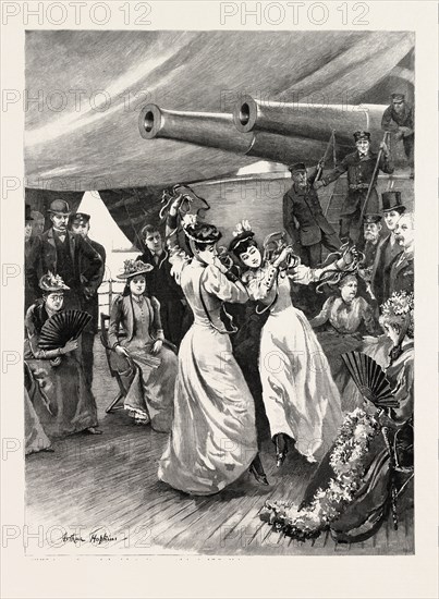 A VISIT OF THE CHANNEL SQUADRON TO CADIZ: TWO SPANISH LADIES DANCING THE SEVILLANA AT AN AT HOME ON BOARD SHIP, SPAIN, 1892 engraving