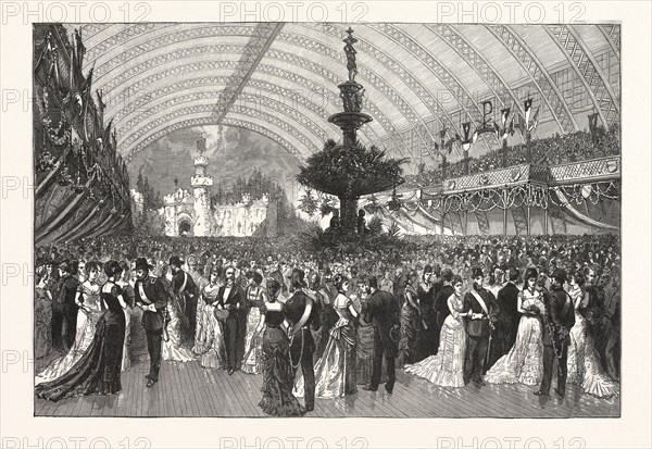 KNIGHTS TEMPLAR CHICAGO, GRAND BALL THE EXPOSITION BUILDING. FROM SKETCH BY FRANK H. TAYLOR, US, USA, engraving 1880