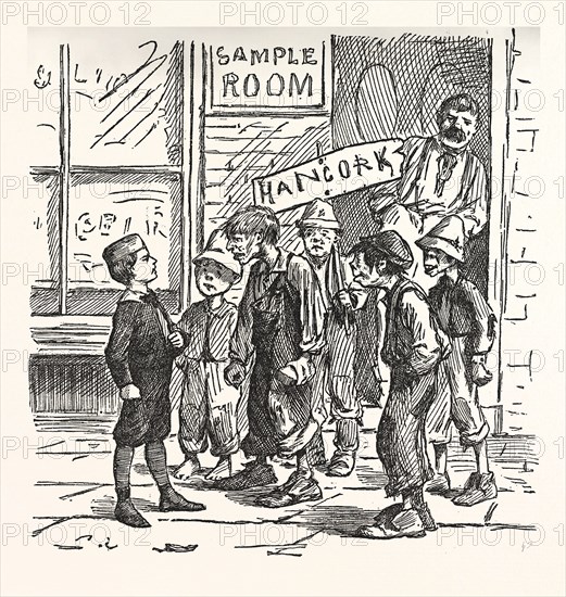 look loike wan of thim dirty Republicans an if yer don't shout me fader and HANCOCK, I'll black eye of ye. Engraving 1880, US, USA, America, POLITICS, POLITICAL, POLITIC, CAMPAIGN, PATRIOTIC