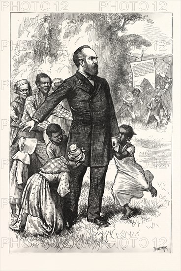 THE FRIEND OF THE FREEDMEN, general Garfield, engraving 1880, US, USA, America, James Abram Garfield, 1831 - 1881, 20th President of the United States