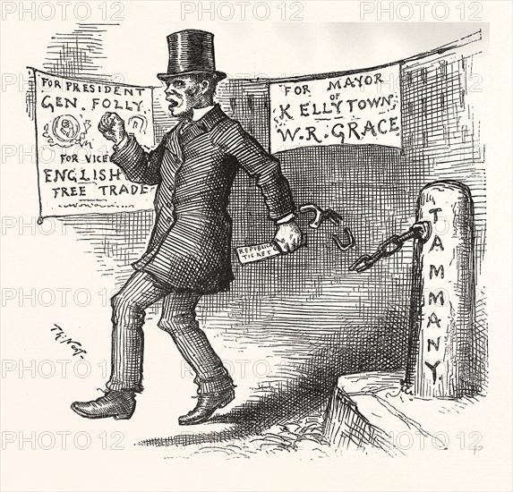 THE GREEK SLAVE EMANCIPATES "Oi'll vote aginst Tariff for Revenue only,' aginst the English Free Trade Mortgages." POLITICS, POLITICAL, POLITIC, CAMPAIGN, PATRIOTIC, US, USA, AMERICA, UNITED STATES, AMERICAN, ENGRAVING 1880