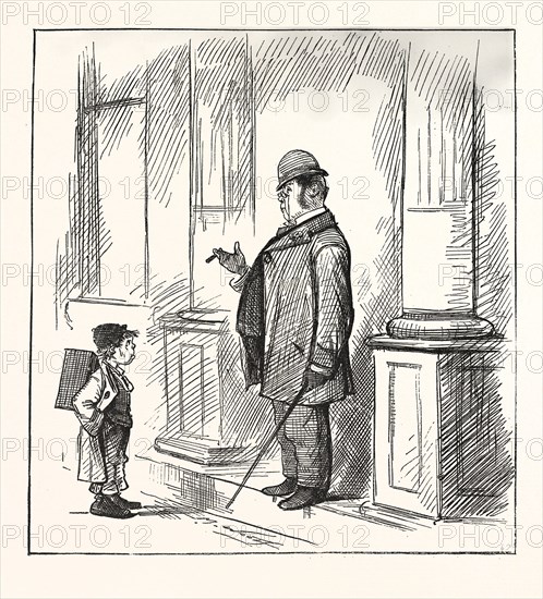 BOY: shine mister?, MAN (with severity). " Go away, go away I look as I wanted shine ?" BoY" Well, I don't think little polish hurt you !" , US, USA, AMERICA, UNITED STATES, AMERICAN, ENGRAVING 1880