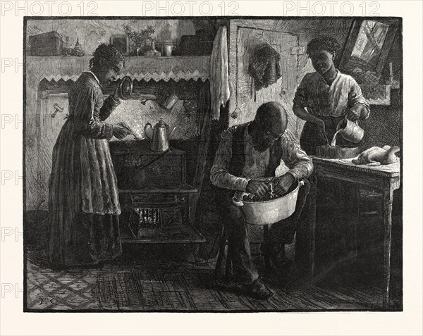 PREPARING THANKSGIVING DINNER.-DRAWN S. G. MCCUTCHEON , US, USA, AMERICA, UNITED STATES, AMERICAN, ENGRAVING 1880