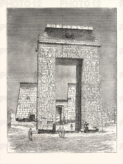 PYLONS AT KARNAK, SCENE ON THE NILE, EGYPT, ENGRAVING 1880