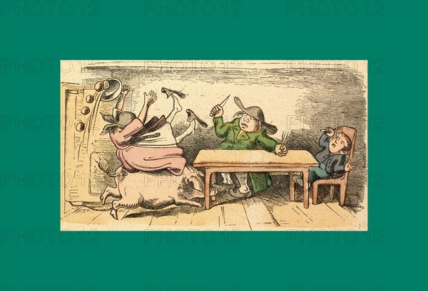 Schnaken and schnurren, 1866, Mosquitoes and purring, Wilhelm Busch, 1832 - 1908, German artist, humorist, poet, illustrator and painter. A humorous story in pictures from the writer and illustrator ofMax und Moritz, Munchener Bilderbogen and Fliegende Blatter. Children's literature from the 19th century, comic illustrated cautionary tales