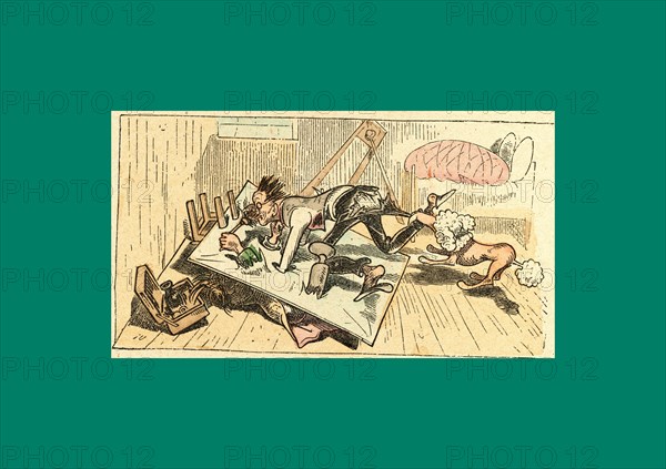 Schnaken and schnurren, 1866, Mosquitoes and purring, Wilhelm Busch, 1832 - 1908, German artist, humorist, poet, illustrator and painter. A humorous story in pictures from the writer and illustrator ofMax und Moritz, Munchener Bilderbogen and Fliegende Blatter. Children's literature from the 19th century, comic illustrated cautionary tales