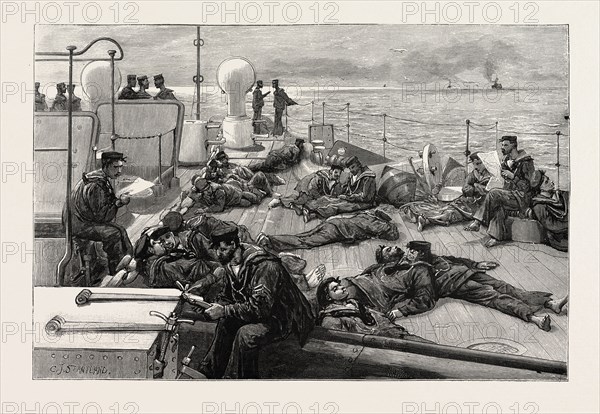 THE NAVAL MANOEUVRES: LIFE OF A BLUE JACKET ON BOARD H.M.S. CONQUEROR: JACK'S SIESTA, 1890 engraving