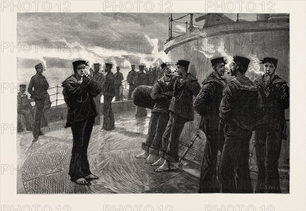 THE NAVAL MANOEUVRES: LIFE OF A BLUE JACKET ON BOARD H.M.S. CONQUEROR: JACK'S MORNING PIPE, 1890 engraving