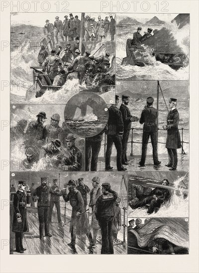 THE NAVAL MANOEUVRES: EXPERIENCES OF A TRIP TO SHORE IN ROUGH WEATHER: 1. The Return from the Shore, First come, first served. 2. Tacking. 3. Pretty enough, when vignetted through a telescope two miles off. 4. If we capsize, old man, you will stand no chance in that ulster, you know. 5. Watching from the Ship, Congratulations at not having gone ashore. 6. Some Officers postpone dressing for dinner to receive us, a delicate attention with which we could dispense, as we present a very Arrival at Folkestone appearance. 7. Sitting to leeward with a little water in the boat. 8. Rather too bad, when you think you will get out of the boat with dignified temper, to be enveloped in the lowered sail, 1890 engraving