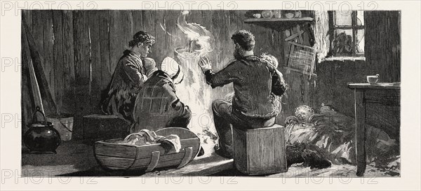 THE NEWFOUNDLAND FISHERIES QUESTION: INTERIOR OF AN ENGLISH FISHERMAN'S HUT ON THE FRENCH SHORE; BRITISH FISHERMEN NOT ALLOWED TO FISH, CANADA, 1890 engraving