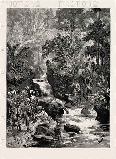 THE RETURN OF THE CHIN LUSHAI EXPEDITIONARY FORCE: A WELCOME DRINK AFTER A CLIMB DOWN OF TWO THOUSAND FEET, BURMA, INDIA, 1890 engraving