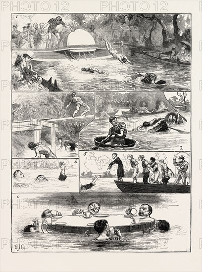 THE LONDON SWIMMING CLUB CONTEST AT THE CRYSTAL PALACE: 1. SWIMMING HEATS. 2. TUB RACE. 3. POLE WALKING. 4. BEST MEANS OF SAVING LIFE. 5. SWIMMING IN CLOTHES. 6. TEA DRINKING, LONDON, UK, 1890 engraving