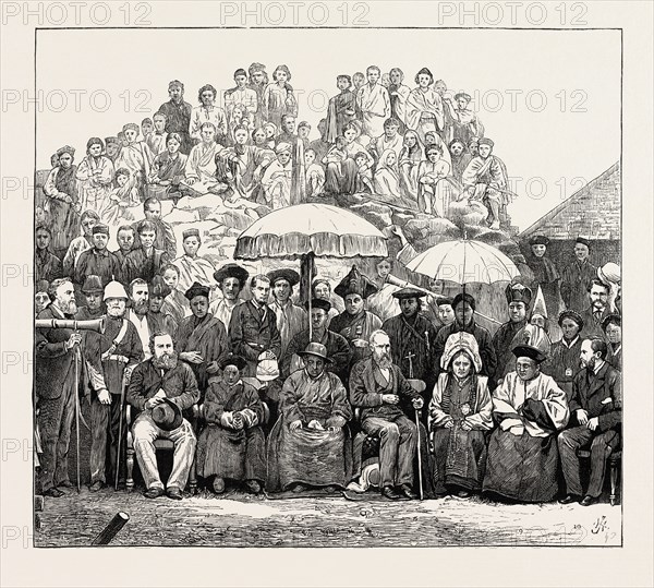 GRAND DURBAR AT DARJEELING, INDIA: RETURN VISIT OF THE LIEUT.-GOVERNOR OF BENGAL TO THE RAJAH OF SIKKIM AT LE BONG; 1. W.L. Heeley, Esq., Inspector-General of Jails. 2. Lt.-Col. Newall., Commanding the Station. 3. J.W. Edgar, C.S.I., Deputy-Commissioner of Darjeeling. 4. Thoothub Nangye, Rajah's Youngest Brother, and Heir-Apparent. 5. Captain Farmer, Aide-de-Camp to the Lieutenant-Governor. 6. Sikyoung Koojew, Rajah of Sikkim. 7. Sir Geo. Campbell, K.C.S.I., Lt.-Governor of Bengal. 8. Serung Pooty, Rajah's Sister. 9. Chunjew Kaboo, Rajah's Elder Brother. A. Mackenzie, Esq., Junior Secretary to Governor of Bengal, 1890 engraving