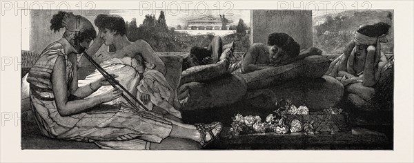 THE SIESTA, FROM THE PAINTING BY L. ALMA-TADEMA IN THE EXHIBITION OF THE ROYAL ACADEMY, UK, 1890 engraving