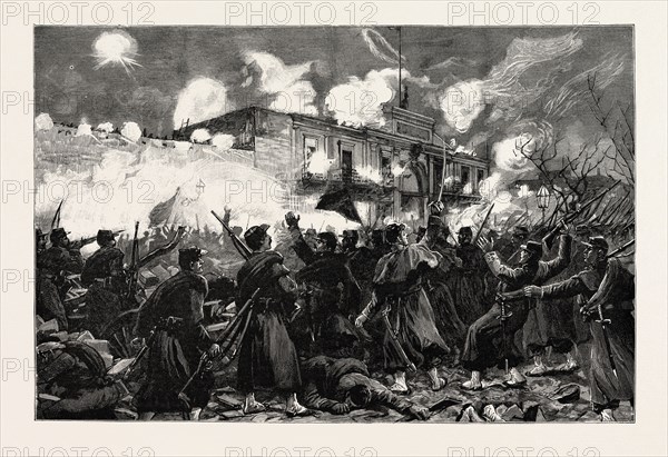 SCENES AT BUENOS AYRES DURING THE REVOLUTION IN ARGENTINA: THE FIGHTING OUTSIDE THE ARSENAL AND BARRACKS, PLAZA LAVALLE, THE FIRST BUILDINGS SEIZED BY THE INSURGENTS, 1890 engraving