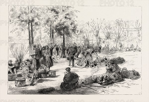 SCENES AT BUENOS AYRES DURING THE REVOLUTION IN ARGENTINA: THE GOVERNMENT TROOPS RESTING AT PLAZA LIBERTAD, ABOUT THREE HUNDRED YARDS FROM PLAZA LAVALLE, AFTER THEIR FIRST ENCOUNTER WITH THE INSURGENTS, 1890 engraving