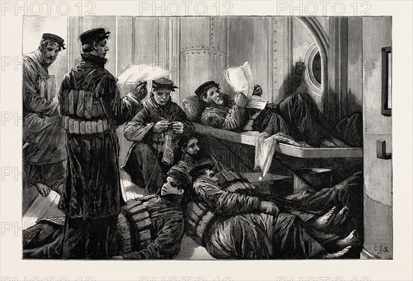 THE NAVAL MANOEUVRES: THE LIFEBOAT CREW ON NIGHT WATCH ON BOARD AN IRONCLAD, MARITIME, 1890 engraving