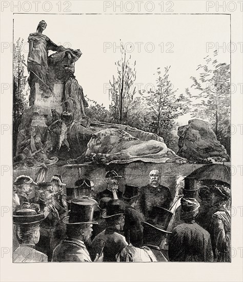 THE UNVEILING OF THE WATERLOO MONUMENT IN THE EVERE CEMETERY, BRUSSELS, BY H.R.H. THE DUKE OF CAMBRIDGE, BELGIUM, 1890 engraving