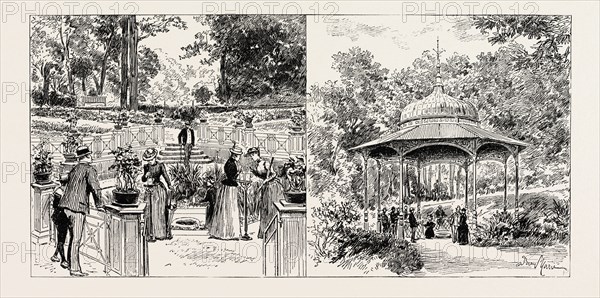 Bad Homburg vor der Hohe, GERMANY: THE STAHL SPRING (LEFT), AND THE LOUISE SPRING (RIGHT), 1890 engraving