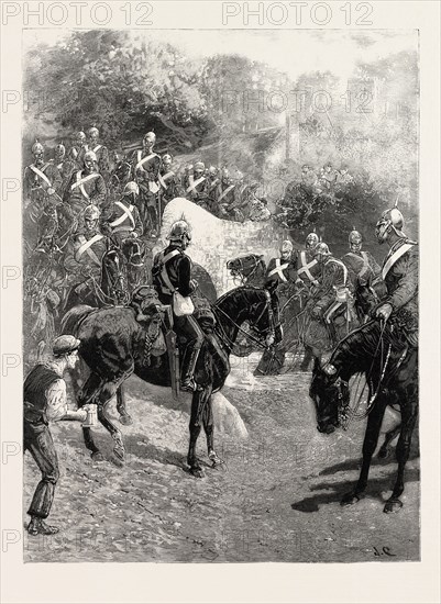 THE CAVALRY MANOEUVRES: THE GUARDS ON THE MARCH FROM ALDERSHOT TO CHURN CAMP, ARRIVING AT A WATERING PLACE, 1890 engraving