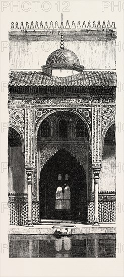 THE BURNING OF THE ALHAMBRA AT GRANADA: ENTRANCE TO THE HALL OF AMBASSADORS, ANDALUSIA, SPAIN, 1890 engraving