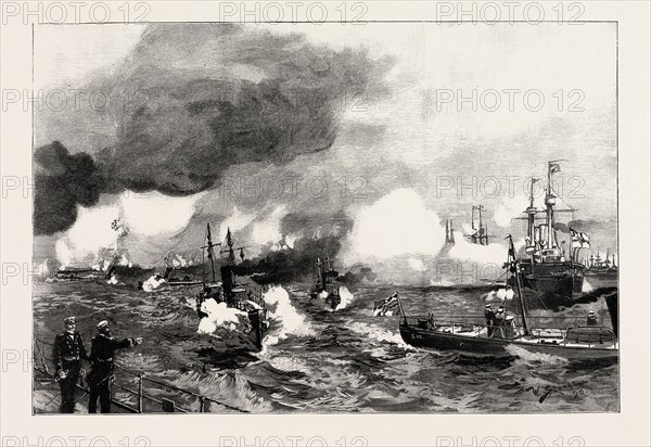 THE GERMAN MANOEUVRES IN SCHLESWIG-HOLSTEIN: TORPEDO BOATS ATTACKING A SQUADRON OF IRONCLADS OFF FLENSBURG, 1890 engraving