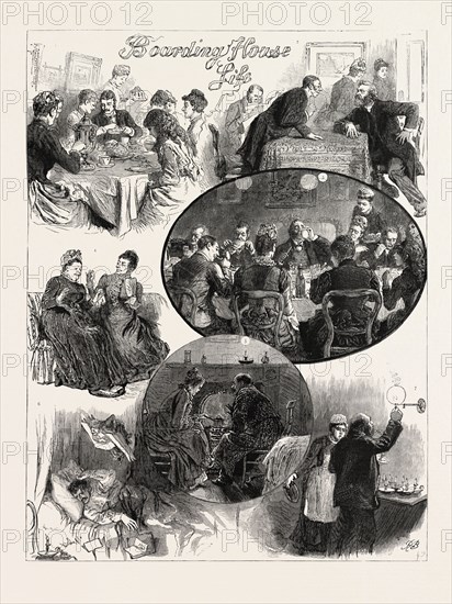 BOARDING HOUSE LIFE: 1. Sometimes there is a great scarcity of men (on one occasion the proportion was 7 to 1), the one being in great request until it was discovered that he was married. 2. It is decidedly uncomfortable, when there are two parsons stopping in the house who differ as to their views. 3. Wine and beer extra, Everybody brings the beverage he or she likes best, some in medicine bottles, some in mugs. 4. Whatever happens there are always two people who manage to enjoy themselves by critisising their neighbours. 5. At times the hostess is scrimpy, which entails private cooking in the bedrooms. 6. For some nights before you left you were haunted by an album, in which you were supposed to write something witty and funny. 7. Usually there is a half-pay captain who sets an example in manners by lighting his candle at the gas, 1890 engraving