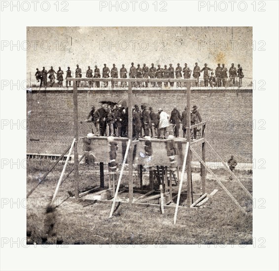 Execution of the Conspirators, the drop. Photographic incidents of the war from Gardner Photographic Art Gallery, Seventh Street, Washington, photographer to the Army of the Potomac, US, USA, America. Photo, albumen print, By Alexander Gardner, 1821 1882, Scottish photographer who emigrated to the United States in 1856.