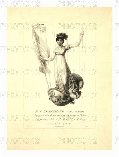 M.S. Blanchard,  (Madeleine Sophie Armand) French aeronaut, 19th century engraving