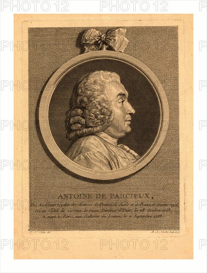 Antoine de Parcieux, des Academies royales des sciences de France, 1703, died  1768 by Cochin, and B.A. Nicollet, sculp., 1777.