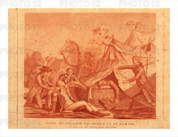 Print shows the death of balloonists Jean-FranÃ§ois Pilatre de Rozier and Jules Romain when their Royal Balloon crashed near Boulogne, France, June 15, 1785, in what is considered the first aerial disaster.