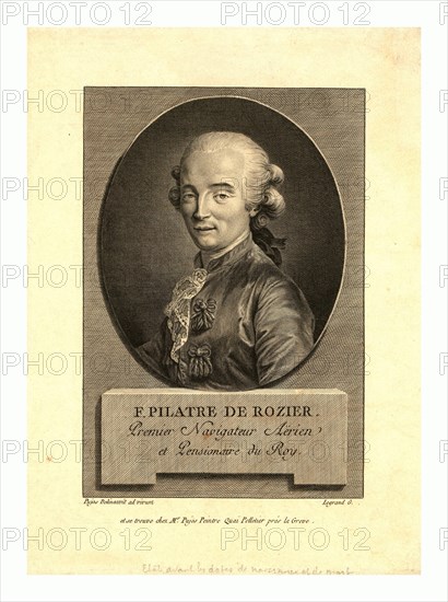 Oval head-and-shoulders portrait of French balloonist Jean-FranÃ§ois PilÃ¢tre de Rozier, who took the first balloon flight in 1783.