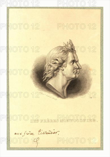 Bust-length double profile portrait of the Montgolfier brothers, French ballonists. After the gold medal designed by Houdon.