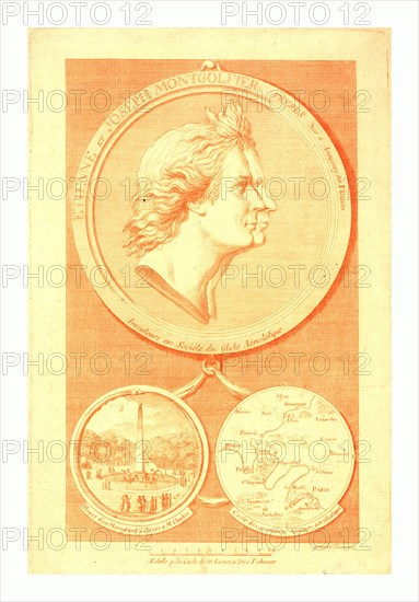 Bust-length double profile of the Montgolfier brothers, French balloonists; after the gold medal designed by Houdon. Two images below portrait show "Projet d'un Monument a elever a Mr. Charles" in Paris and "Cartes des premieres Voyages aerostatiques," a map of the region where many balloon flights took place. Dating from between 1780 and 1810. Thoenert, Medardus