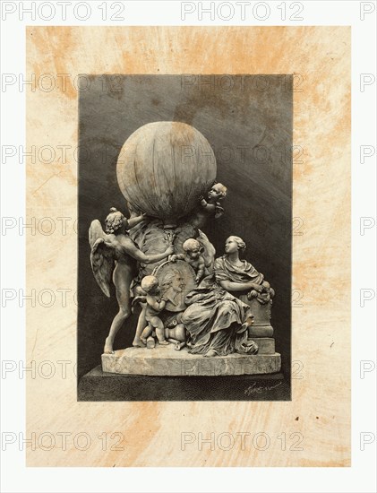 Model of a statue dedicated to French balloonists, Joseph and Etienne Montgolfier, featuring a double profile portrait from a gold medal designed by Houdon and an inflated balloon by H. Thiriat, sc.