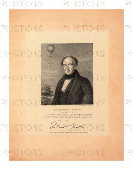 Mr. Edward Spencer, born May 8th 1799 who accompanied Mr. Charles Green in that fatal parachute experiment of Mr. Robert Cocking's, July 24th, 1837, from Vauxhall Gardens. And has made twenty-seven ascents with Mr. Green, up to this date, August 24th, 1839, G.P. Harding, F.S.A., del. et fecit ; Day & Haghe, lithrs. to the Queen.