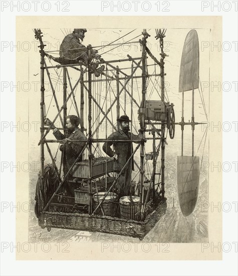 Albert Tissandier (left), Gaston Tissandier (right), and an unidentified man in the basket of their airship demonstrating an electric navigational system featuring a propeller by P. Ferat , E.A. Tilly, sc.
