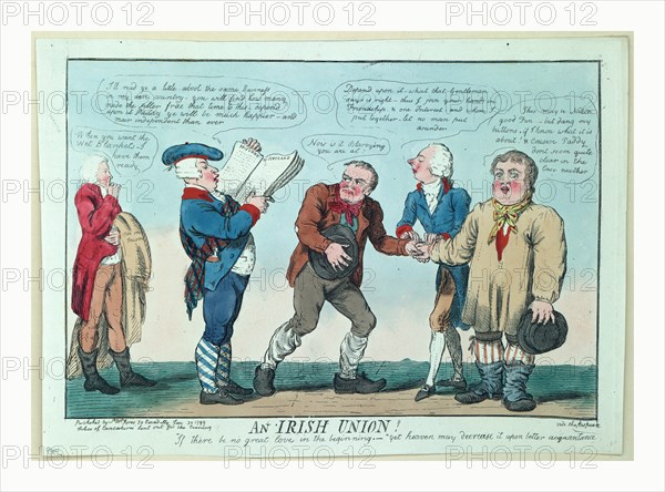 An Irish union, Cruikshank, Isaac, 1756?-1811?, artist, engraving 1799,  William Pitt joining the hands of Paddy, an Irish farmer, and John Bull, neither of whom seem anxious for the union, while Lord Dundas, on the left, reading from a History of Scotland says, depend upon it Paddy ye will be much happier - and mair independent than ever.