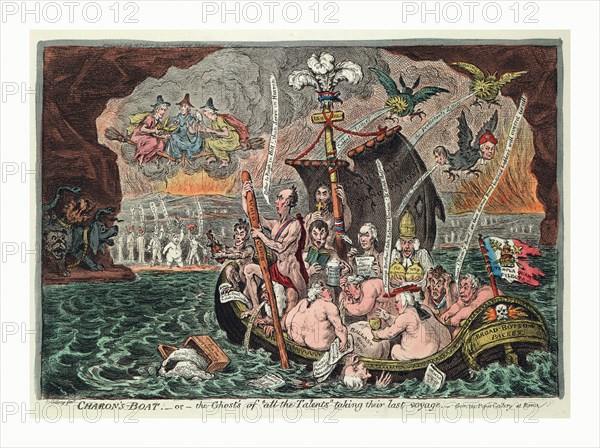Charon's Boat  or  the Ghosts of all the Talents taking their last voyage, from the Pope's Gallery at Rome, A group of naked Whig politicians, including three Grenvilles, Sheridan, St. Vincent, Moira, Temple, Erskine, Howick, Petty, Whitbread, Sheridan, Windham,and Tomline, Bishop of Lincoln, crossing the river Styx in a boat named the Broad Bottom Packet. Sidmouth's head emerges from the water next to the boat. The boat's torn sail has inscription Catholic Emancipation and the center mast is crowned with the Prince of Wales feathers and motto Ich Dien. On the far side the shades of Cromwell, Charles Fox and Robespierre wave to them. Overhead, on brooms, are the Three Fates; to the left a three-headed dog. Above the boat three birds soil the boat and politicians.