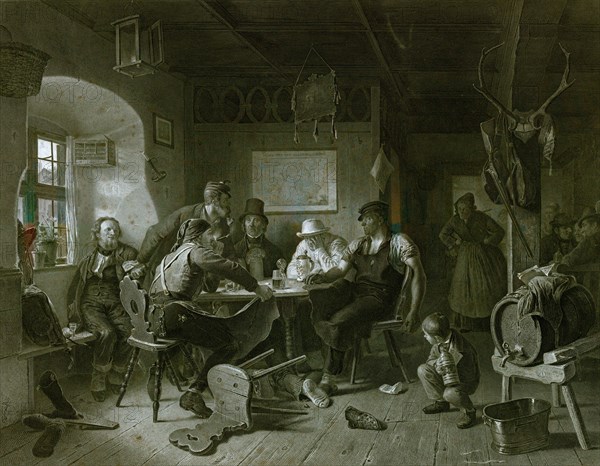 Card game by Karl von Enhuber, 1811-1867, German painter, Germany, everyday life, interior, figures, men, cards, beer, beer jug, barrel, boy, table, chair, 19th century, alcohol, glass, food and drink, liszt gourmet archive, pint, lager, shoe, play, gamble, risk