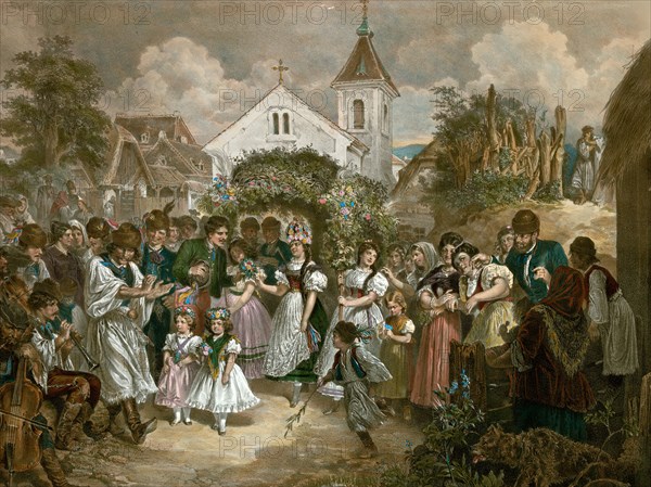 Queen of Pentecost, hungary, 19th century, village party, man, woman, children, girls, flowers, musical instruments, dance, liszt gourmet archive, hungarian folk dress, boy, dog, flowery arch