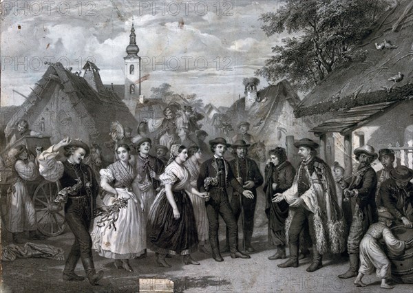 A wedding in the village, 19th century, men, women, male, female, dancing, drinking, playing the fiddle, barrel, folk dress, austrian hungarian monarchy, austria, hungary, food and drink, liszt  gourmet archive, costume, rural, ethnography, flower, love, couple, bride, caucasian, europe