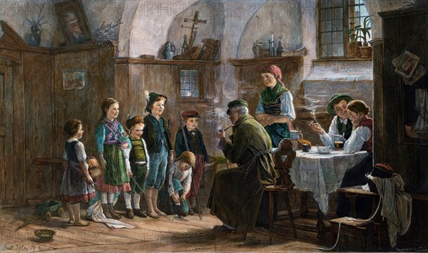The children and the uncle by Gustav Igler, 1842-1908, Austrian Hungarian. Studied in Vienna and Munich, later principal of technical painting at the Academy in Stuttgart, Germany. beer, beer jug, pipe, smoking, bread, table, table cloth, plate, fork, spoon, girls, boys, interior, food and drink, liszt gourmet archive
