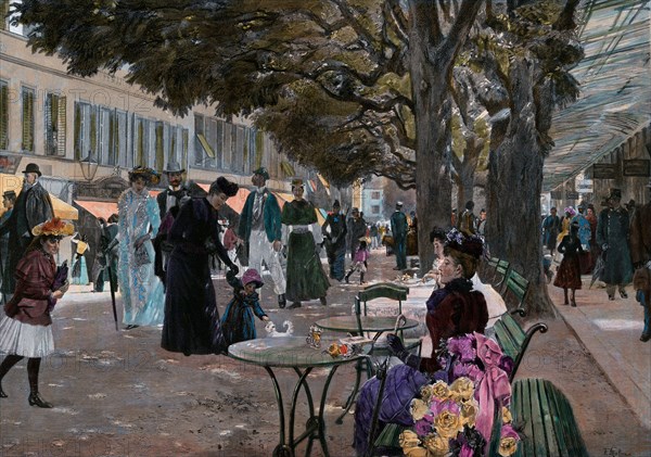 The promenade Carlsbad, Karlsbad by Franz Skarbina, 1849-1910, German. Promenade under the trees with people walking, children playing and ladies seated with flowers. Karlsbad or Karlovy Vary in the Czech Republic. food and drink, liszt gourmet archive. summer, city, outdoor, people, street, sun, recreation, style, european, caucasian, europe
