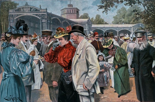 Georg-Viktor Quelle, Bad Wildungen by Carl Hermann Kuechler, 1866-1903. Germany, europe, caucasian, fine art, men, women, male, female, painting, summer, season, promenade, group of people, drinking water, social gathering, spring water, food and drink, liszt gourmet archive, hat, hats, walking stick, child, girl, 19th century, fashion, waldeck-frankenberg, hesse, germany, spa, resort, health, wellness, therapy, treatment, healthy, care, natural, relaxation, relax, wellbeing