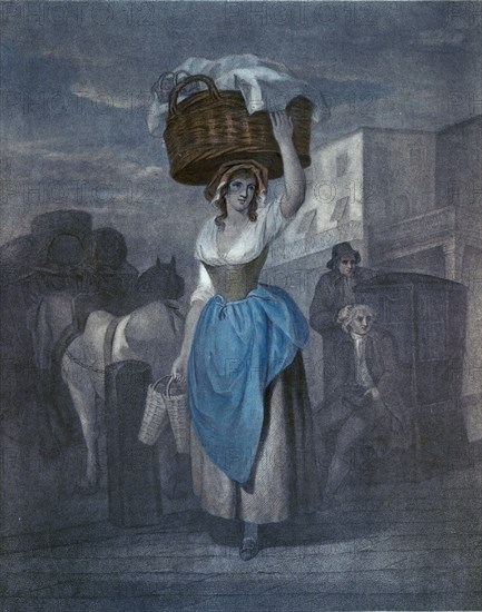 Wheatley's cries of London, UK, Strawberrys scarlet strawberrys by J Wheatley R.A., 1747-1801, late 18th century painting, street seller, working woman. engraved by Giovanni Vendramini, 1769-1839, italian engraver.  quality of ordinary people, food and drink, liszt gourmet archive, red, sweet, fruit, berry, female, woman, strawberry